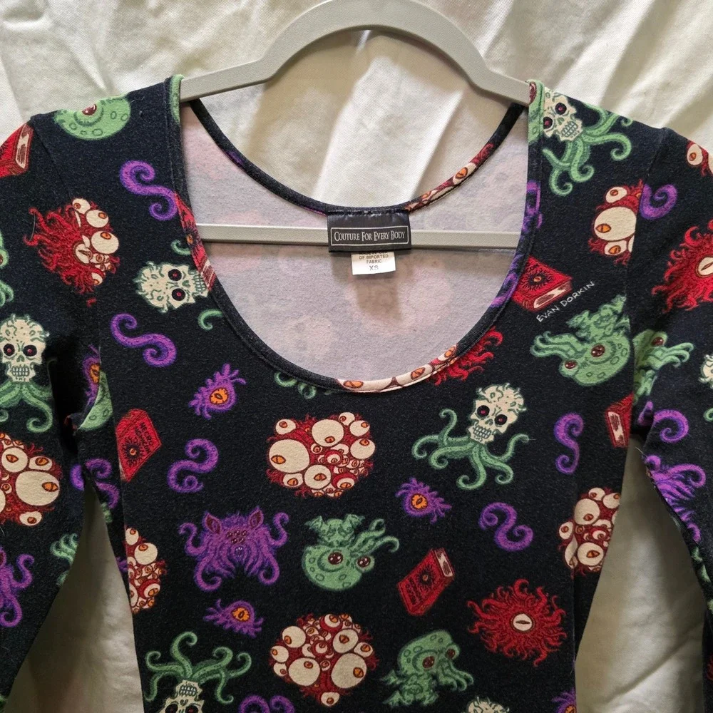 Couture For Every Body XS Dress Novelty Print Skull Octopus Books Cotton Stretch - Picture 6 of 9